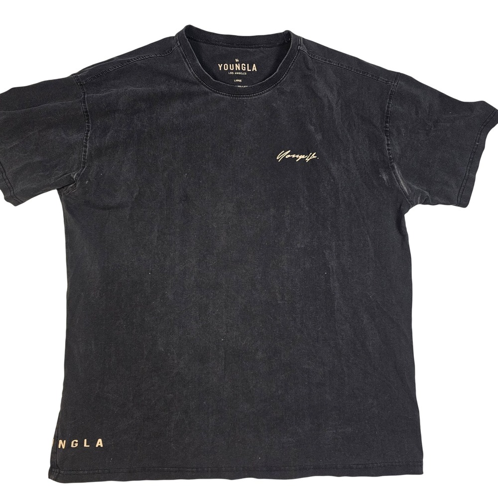 YoungLA Mens Oversized T-Shirt Faded Black Gold Script Logo Gym Tee Size Large